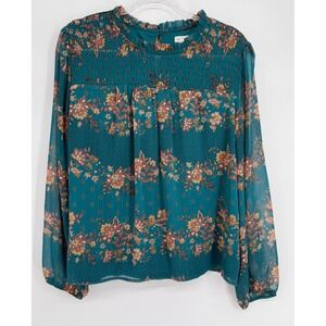 SC Society Teal Floral Smocked Lurex Long Sleeve Blouse Sz XL